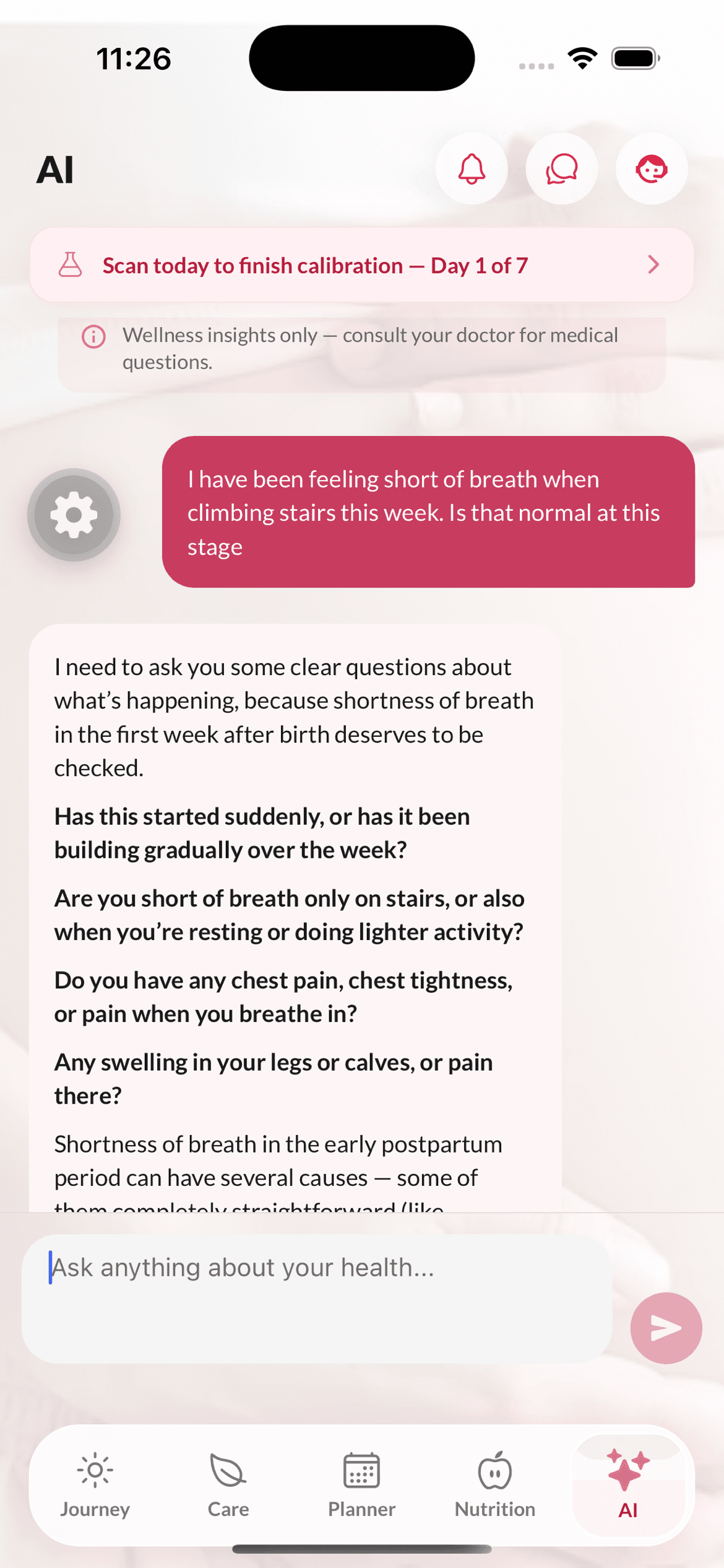 A conversation with the Pregnants AI coach where a user asks about shortness of breath and the coach responds with calm, grounded follow-up questions